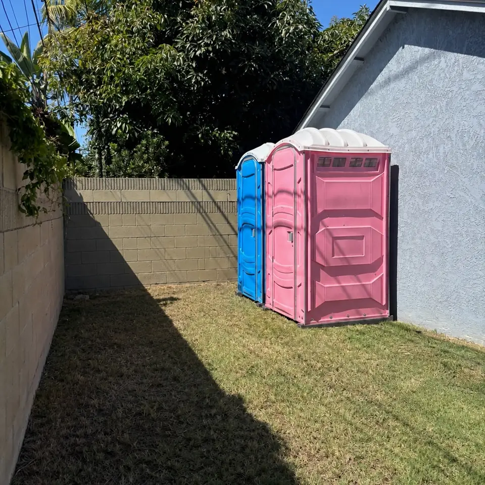 Pink and blue portable toilets set on grass beside a house
